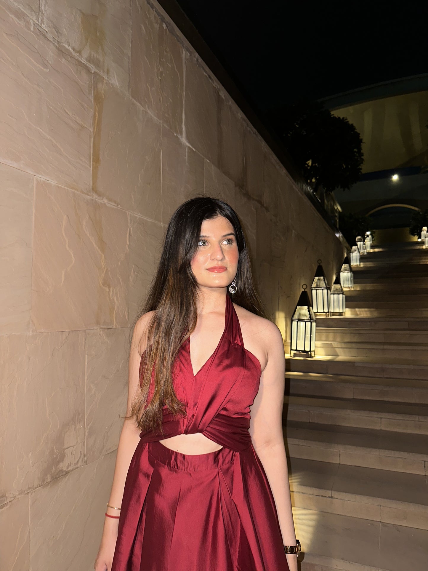 Red Halter Neck Box Pleat Dress