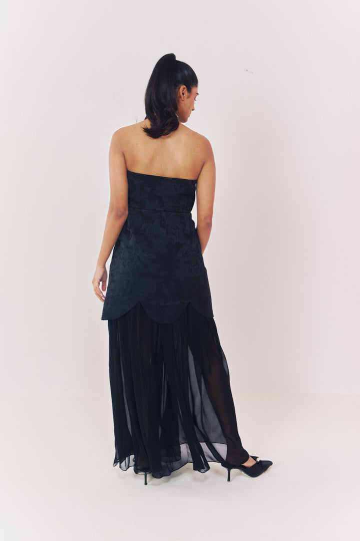 Midnight jacquard strapless dress with sheer skirt
