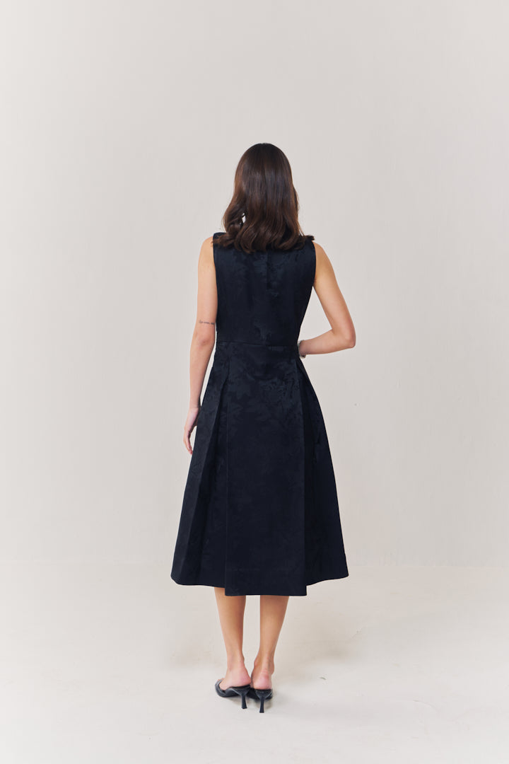 Midnight jacquard midi dress with leather collar