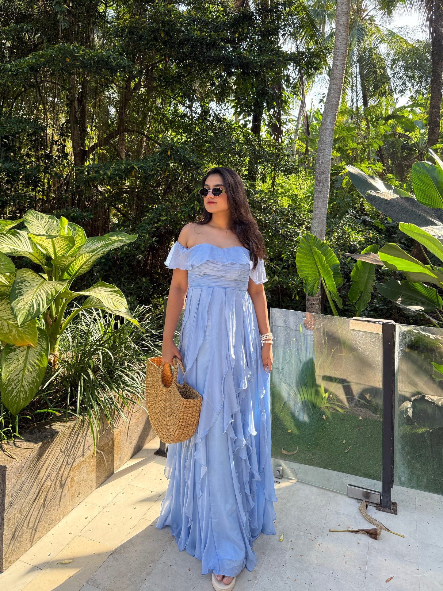 Powder Blue Off-Shoulder Ruffle Maxi Dress