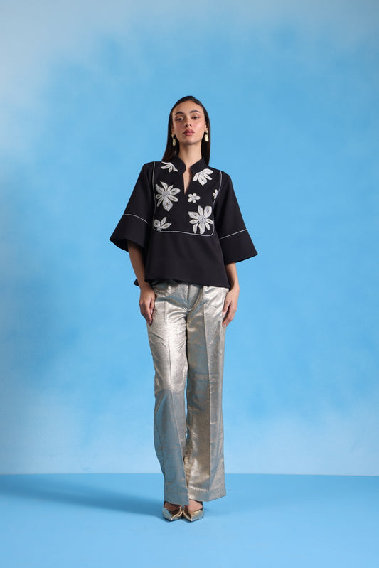 Starlit Noir Oversized Top with Shimmer Pants