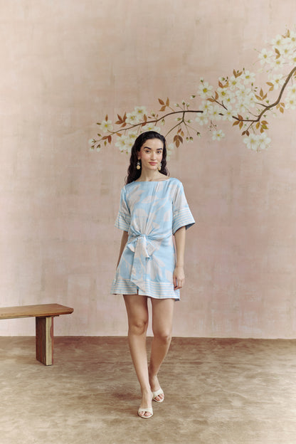 Aqua Bloom Tie-Up Dress