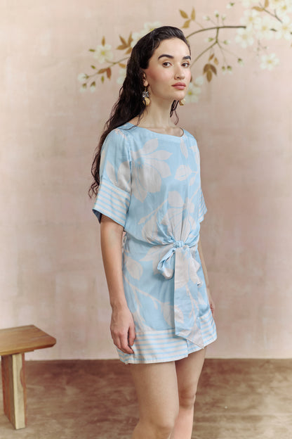 Aqua Bloom Tie-Up Dress