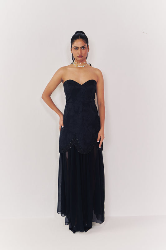Midnight jacquard strapless dress with sheer skirt