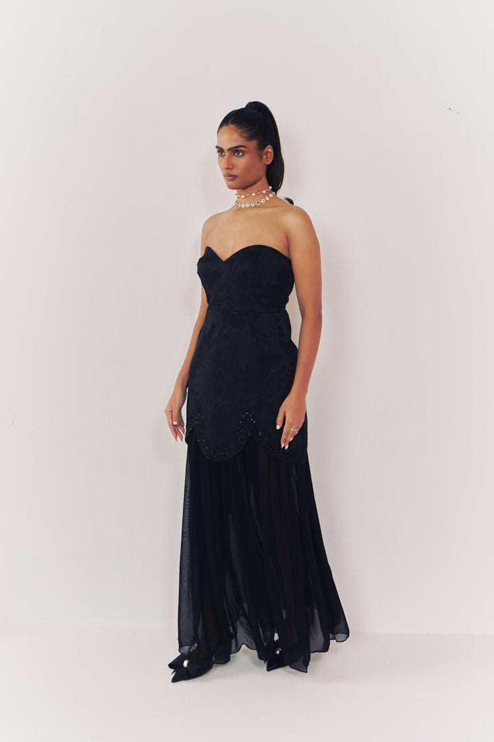 Midnight jacquard strapless dress with sheer skirt