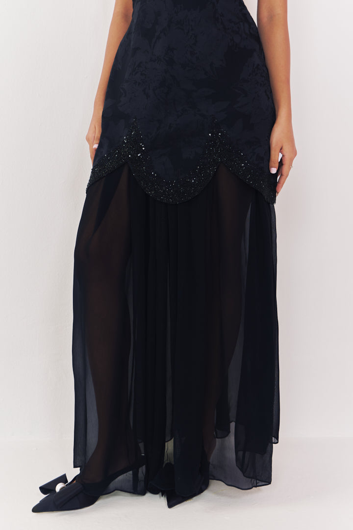 Midnight jacquard strapless dress with sheer skirt