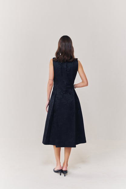 Midnight jacquard midi dress with leather collar