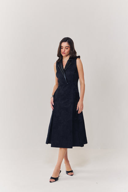 Midnight jacquard midi dress with leather collar