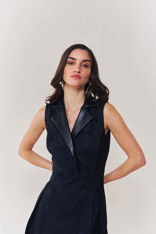 Midnight jacquard midi dress with leather collar