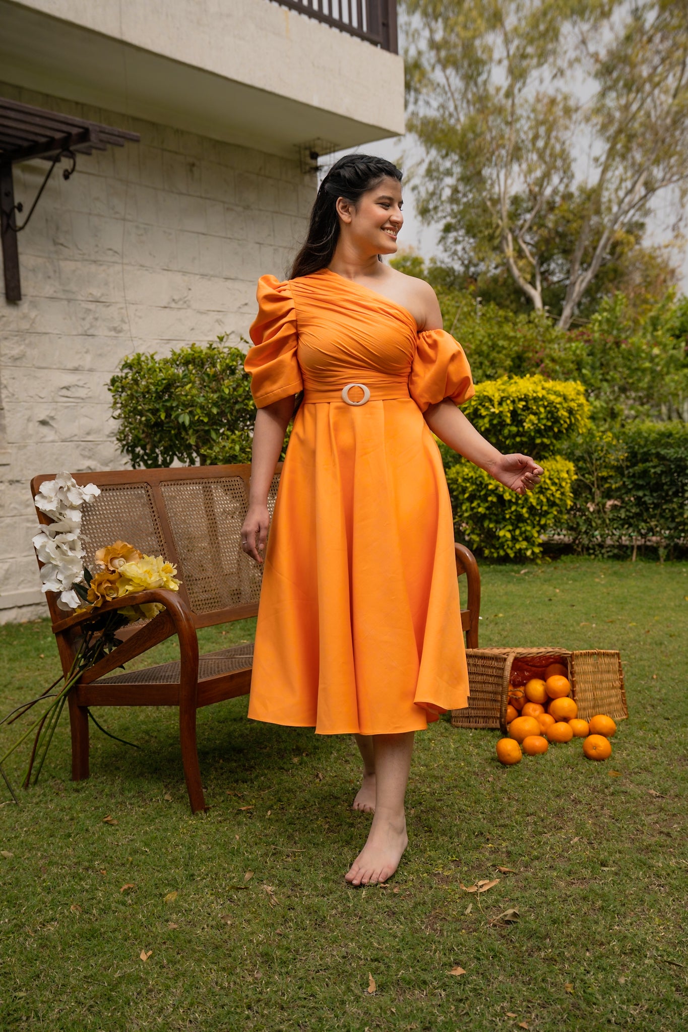 Orange Puff Sleeve Dress