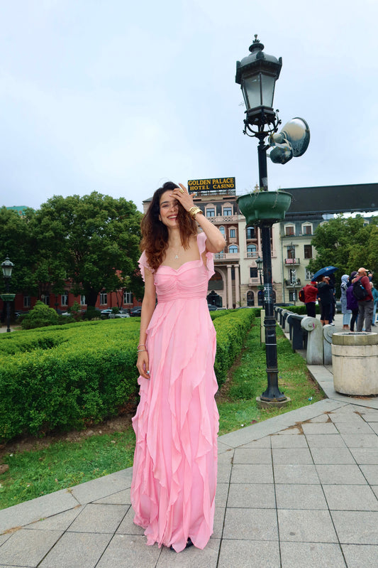Aneri Vajani in Blush Bloom Off-Shoulder Ruffle Maxi Dress
