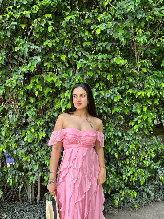 Blush Bloom Off-Shoulder Ruffle Maxi Dress