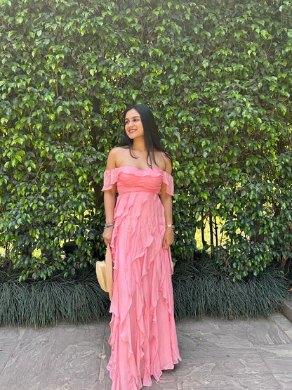 Blush Bloom Off-Shoulder Ruffle Maxi Dress