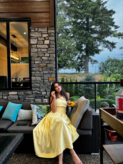 Bhavdeep Kaur in our Lime Yellow Asymmetrical Dress