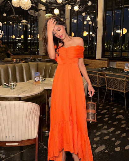 Sonal Kukreja in our Orange Off Shoulder Maxi Dress