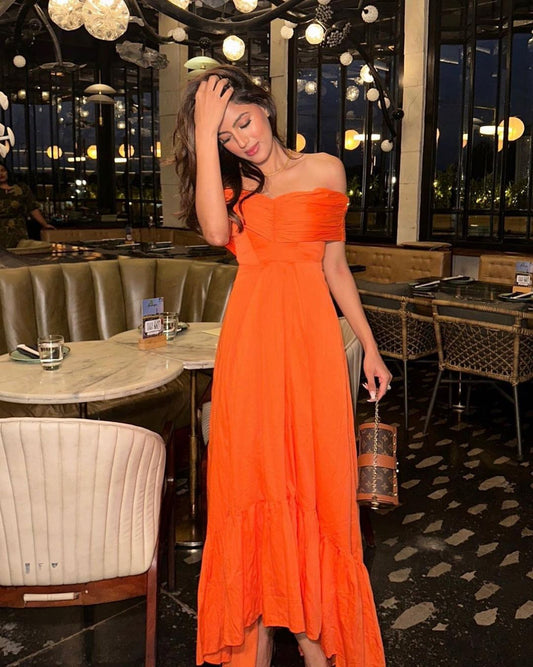 Sonal Kukreja in our Orange Off Shoulder Maxi Dress