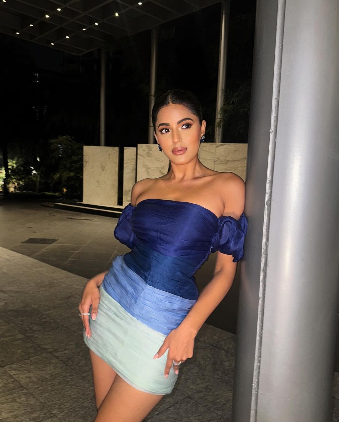 Sonal Kukreja in our Blue Organza Off Shoulder Dress