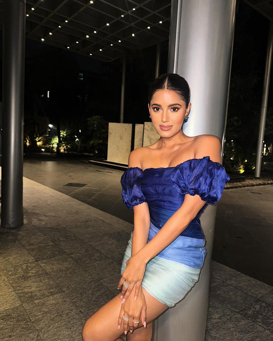 Sonal Kukreja in our Blue Organza Off Shoulder Dress